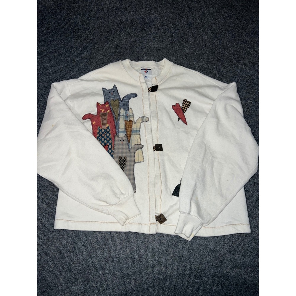Jerzees XL White Cat Patchwork Cardigan Sweatshirt Vintage Grandma Core Heart